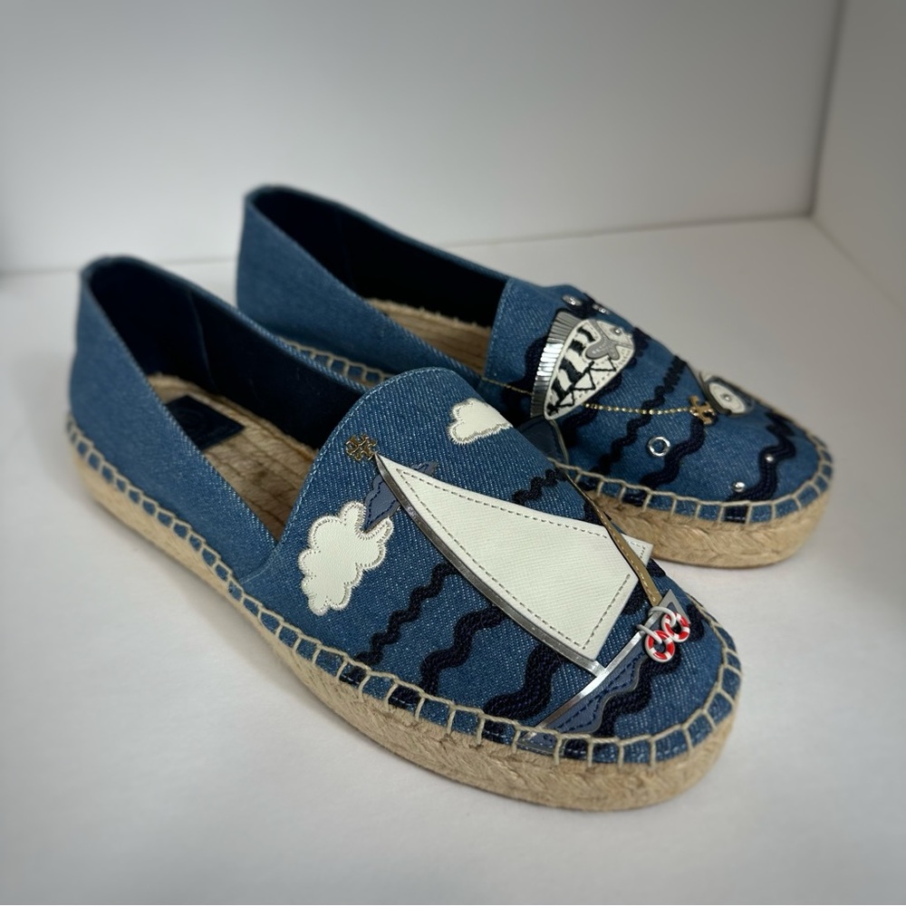 Tory Burch Size 9.5 Espadrille Shoes Blue Denim Summer Beach Sea Fish